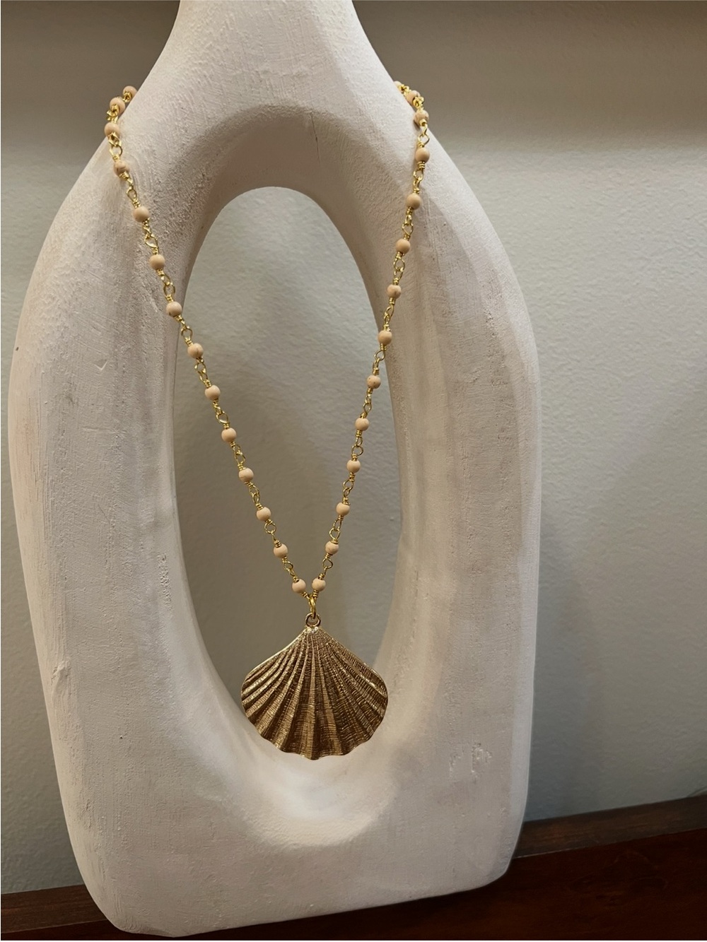 Gold Shell Pendant Necklace with Cream Beaded Chain by